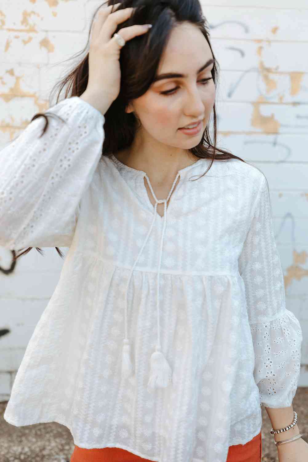 Tassel Tie Eyelet Babydoll Blouse