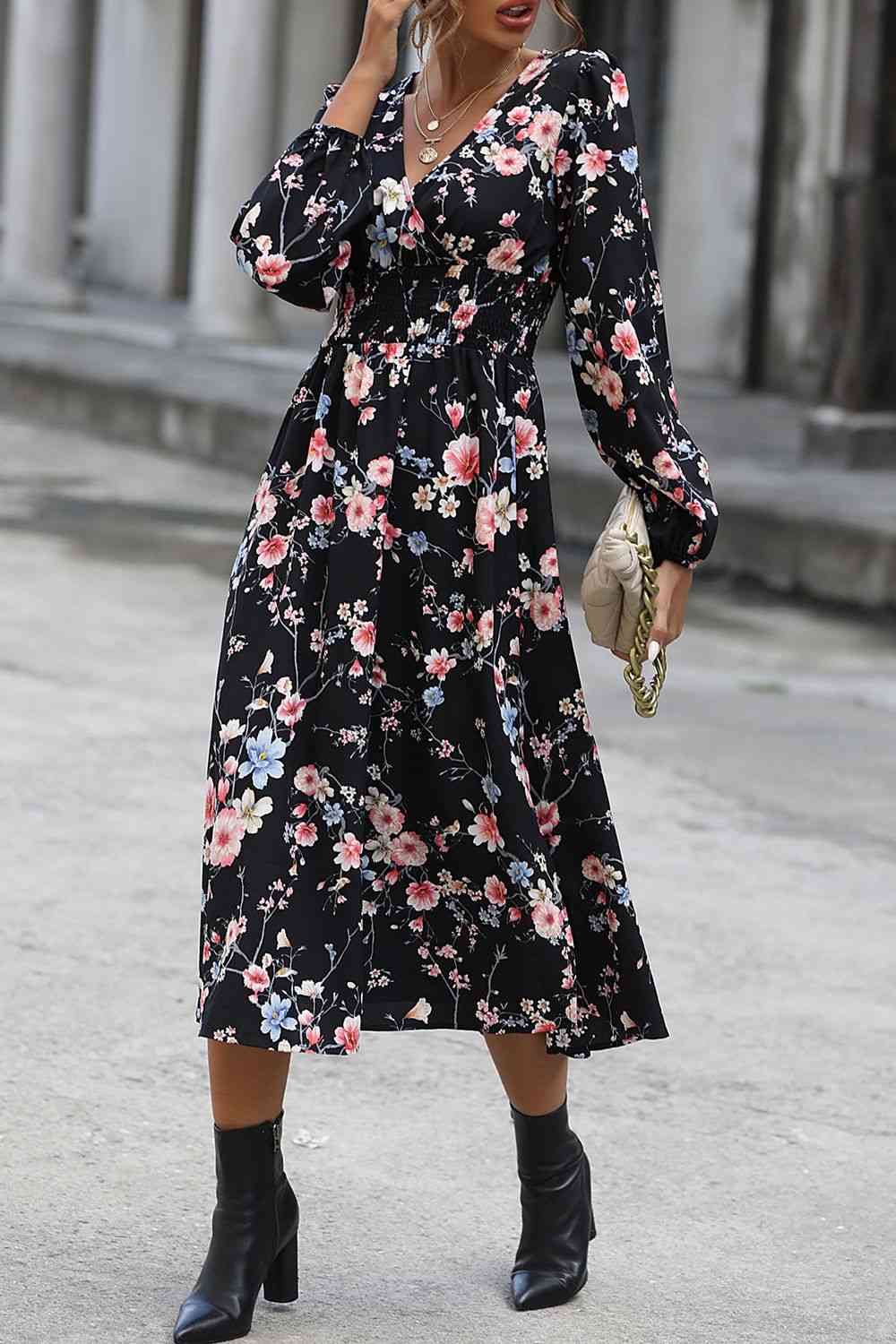 Floral Long Sleeve Surplice Neck Dress