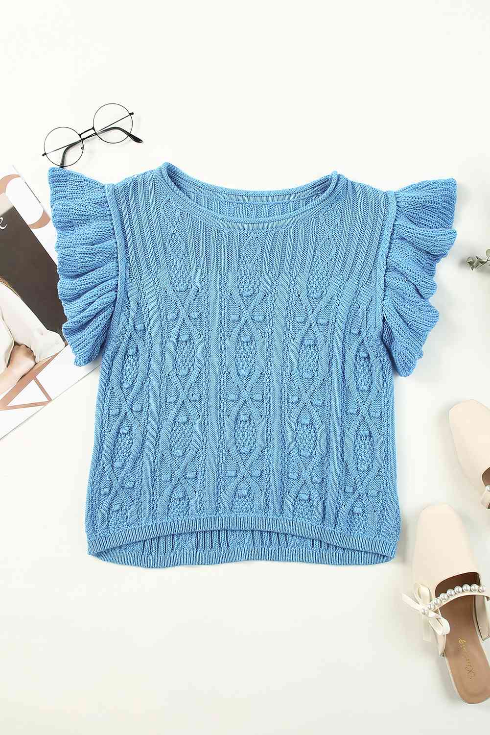 Flutter Sleeve Pompom Detail Knit Top