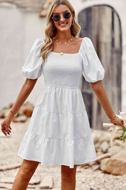 Balloon Sleeve Square Neck Smocked Midi Dress