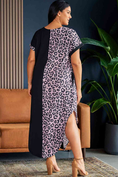 Vestido midi de manga corta con estampado de leopardo en contraste de talla grande