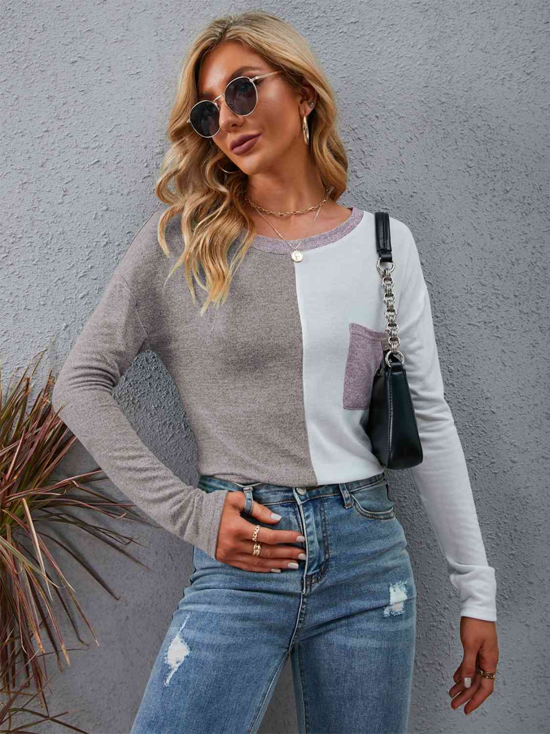 Color Block Round Neck Top with Pocket