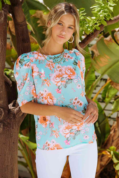 Blusa con cuello redondo y manga abullonada floral de Summer Lover