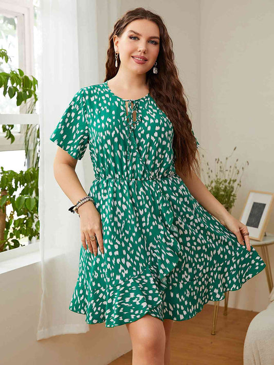 Robe Imprimée à Volants et Col Noué de Grande Taille