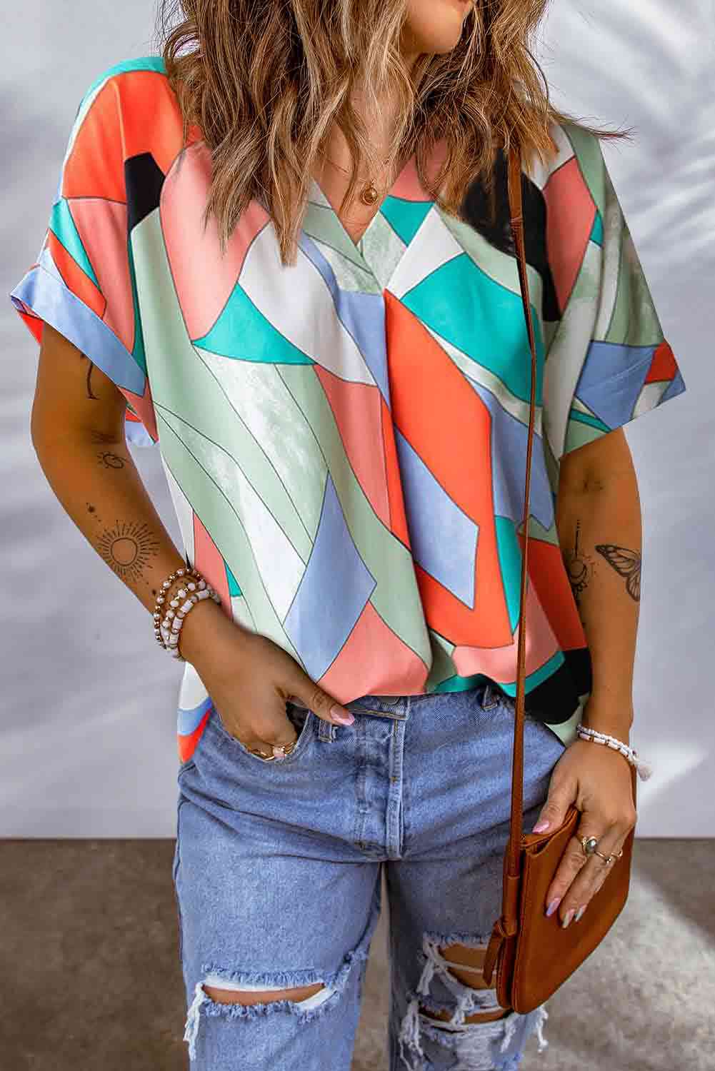 Printed V-Neck Short Sleeve Blouse