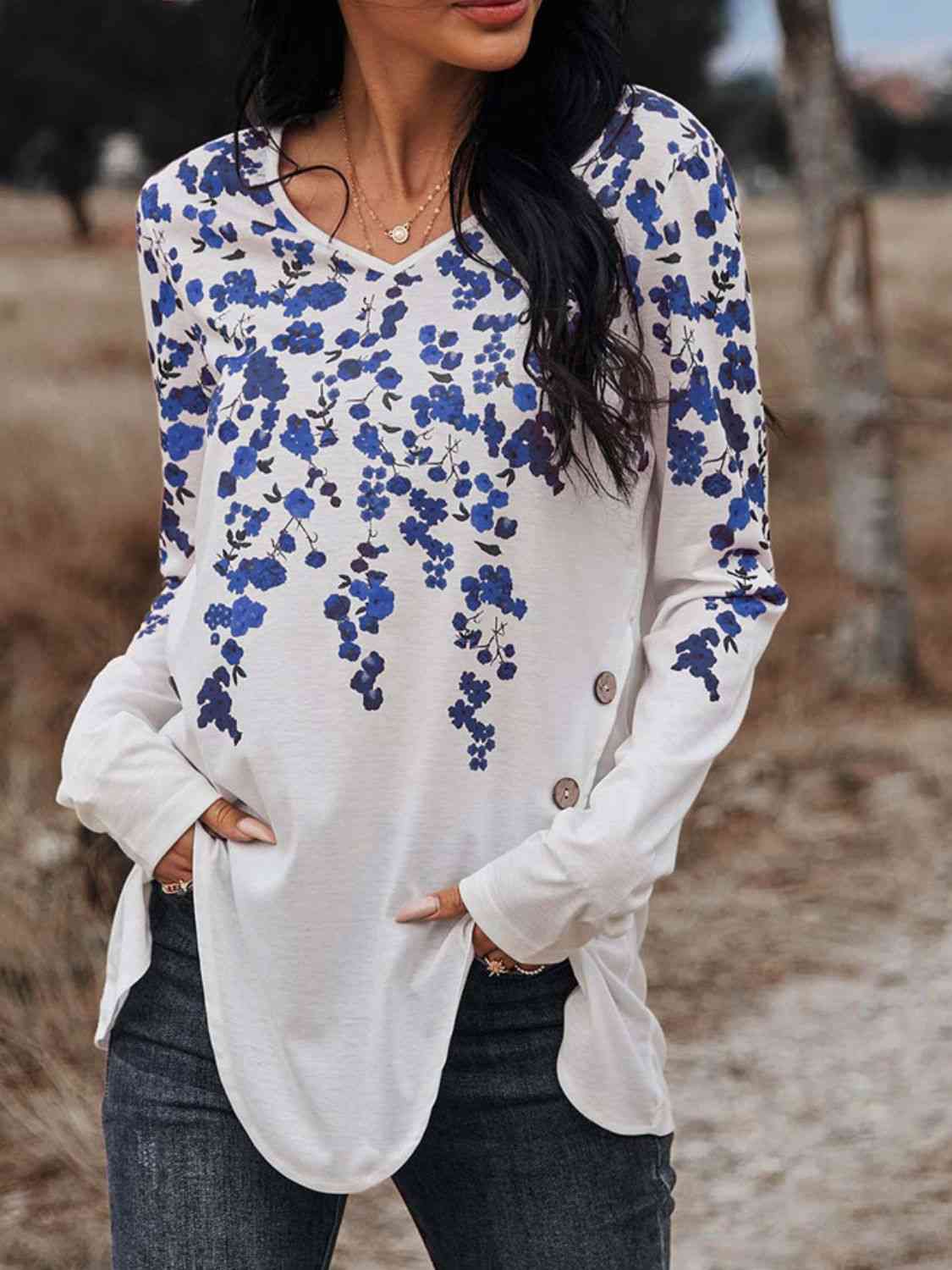 Floral Print V-Neck Long Sleeve Buttoned Tee