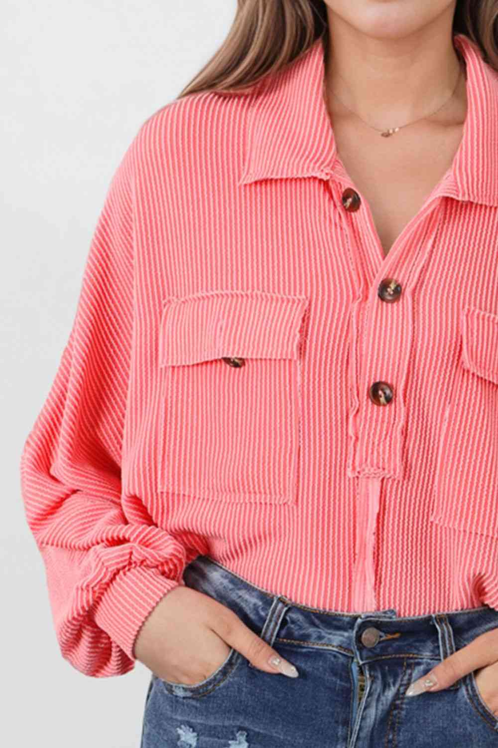 Buttoned Collared Neck Long Sleeve Top