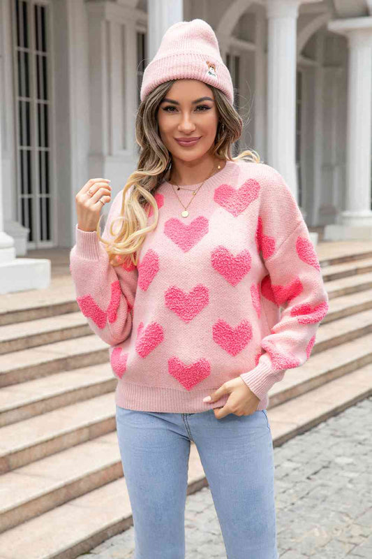 Jersey con cuello redondo y hombros caídos con estampado de corazones