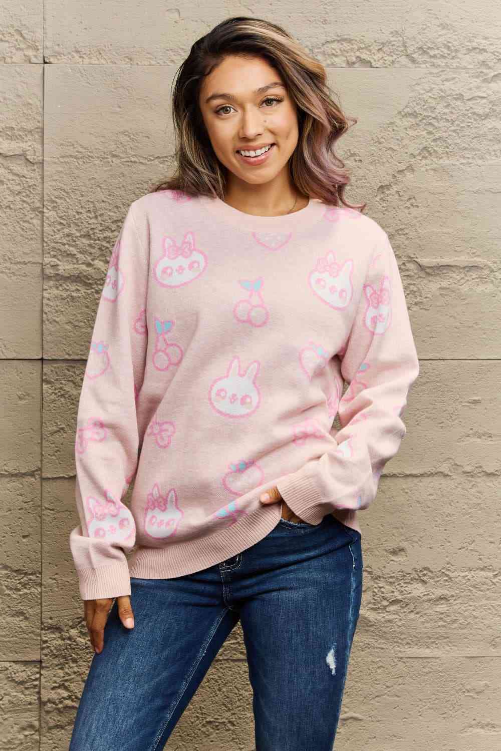 Woven Right Full Size Round Neck Rabbit & Fruit Graphic Sweater