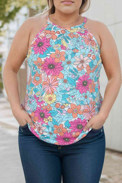 Camiseta sin mangas con cuello redondo y estampado floral de talla grande