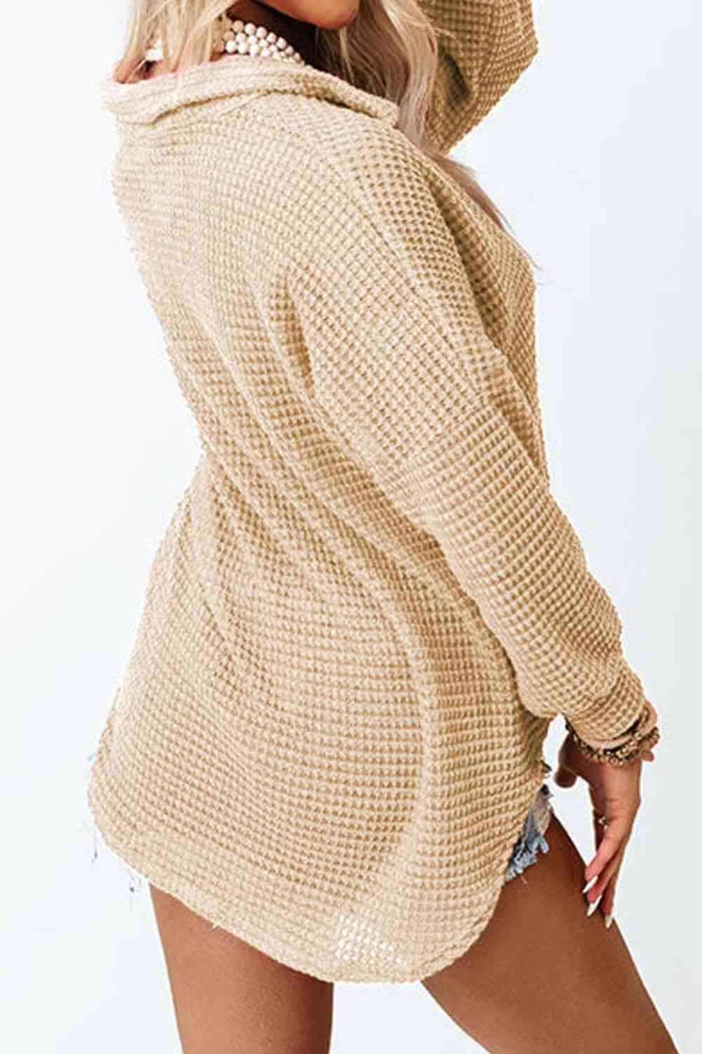 Waffle-Knit Button Up Long Sleeve Shirt with Pocket