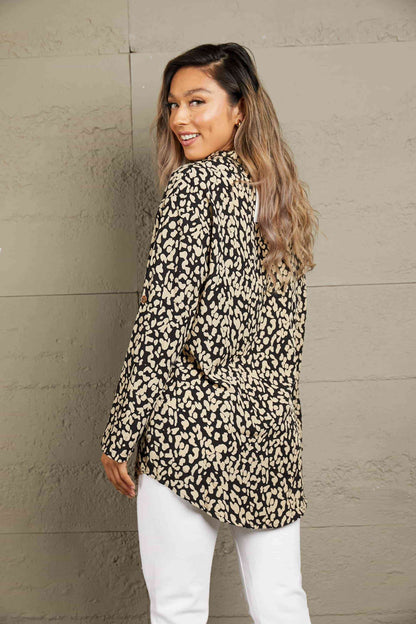 Double Take Leopard Roll-Tap Sleeve Shirt