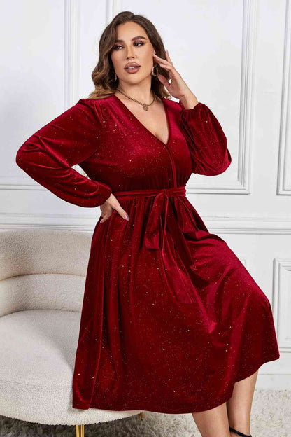 Melo Apparel Robe mi-longue à col surplis et manches ballon avec ceinture à nouer de grande taille