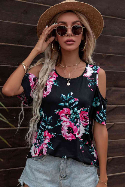 Floral Cold-Shoulder Round Neck Top