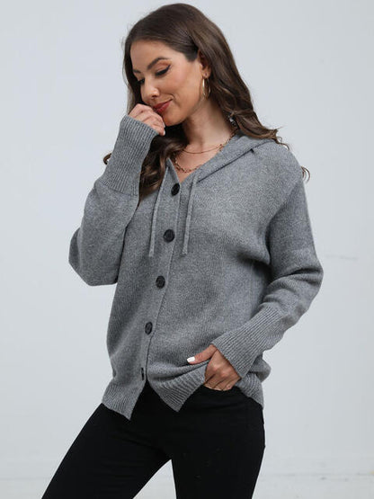 Button Down Drawstring Hooded Cardigan