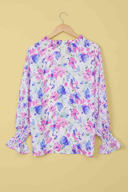 Floral Frill Trim Tie Neck Flounce Sleeve Blouse