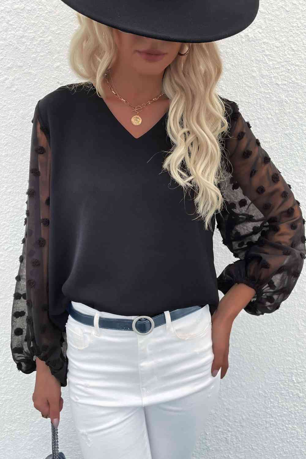 Swiss Dot Sleeve V-Neck Top