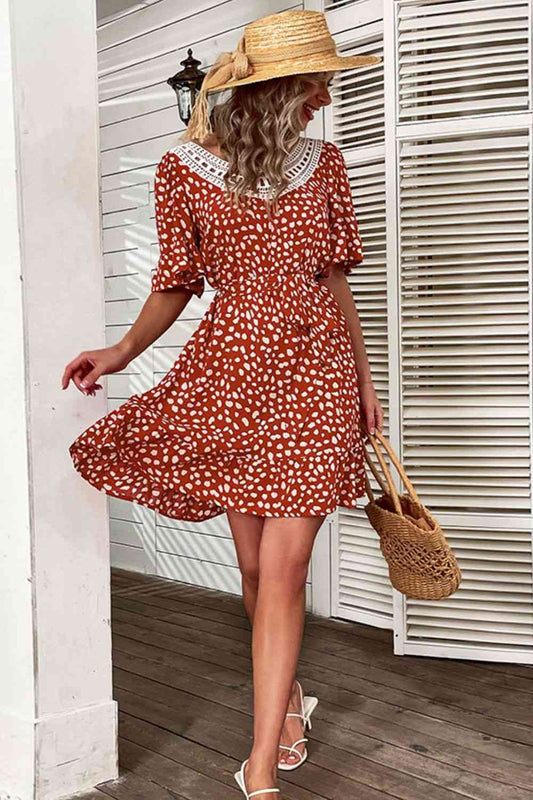 Printed Round Neck Flounce Sleeve Mini Dress