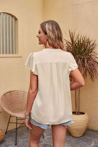 Flutter Sleeve Notched Neck Satin Blouse