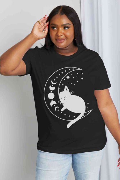 Camiseta de algodón con estampado de gato y luna de tamaño completo de Simply Love