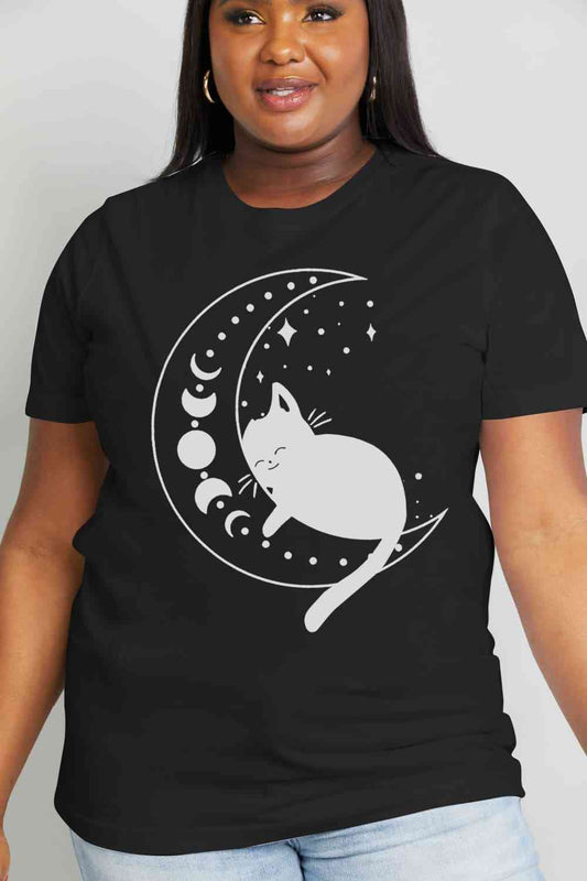 T-shirt en coton avec image de chat et de lune pleine grandeur Simply Love