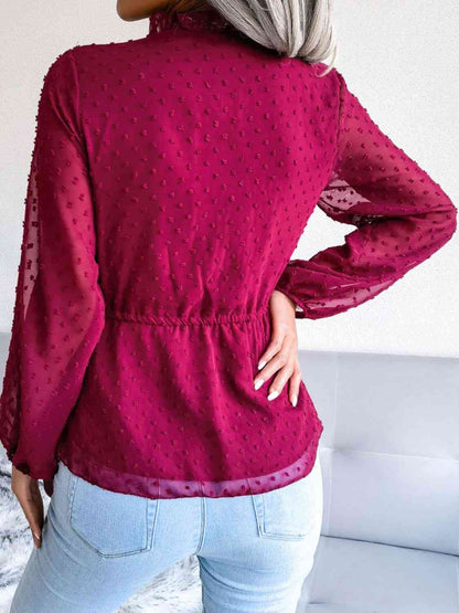 Blouse péplum à taille avec cordon de serrage et bordure à volants et pois suisses