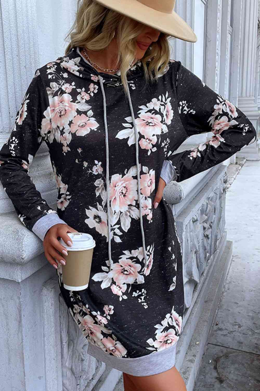 Floral Drawstring Detail Hoodie Dress