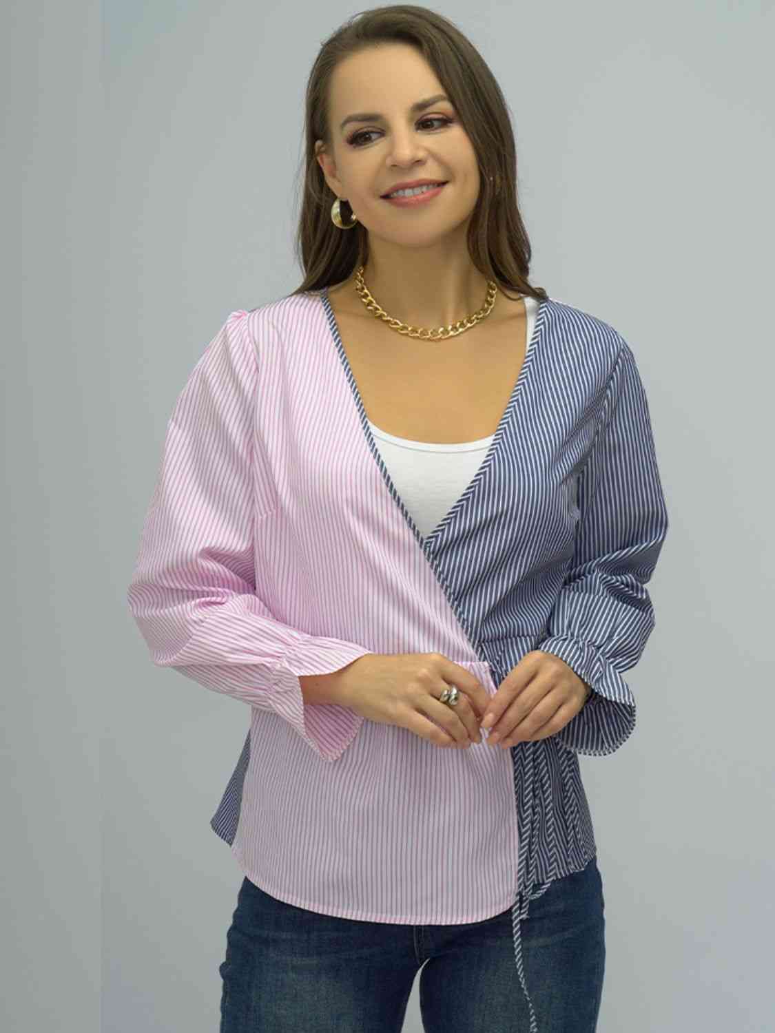 Surplice Neck Striped Long Sleeve Blouse