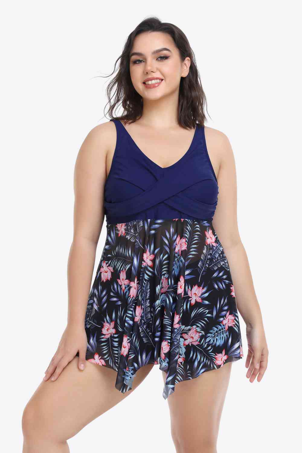 Maillot de Bain Deux Pièces Floral Bicolore à Ourlet Asymétrique de Grande Taille