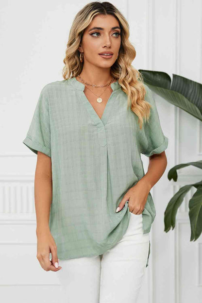 Side Slit Notched Neck Cuffed Short Sleeve Blouse