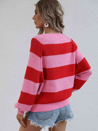 Striped Raglan Sleeve Ribbed Trim Knit Top