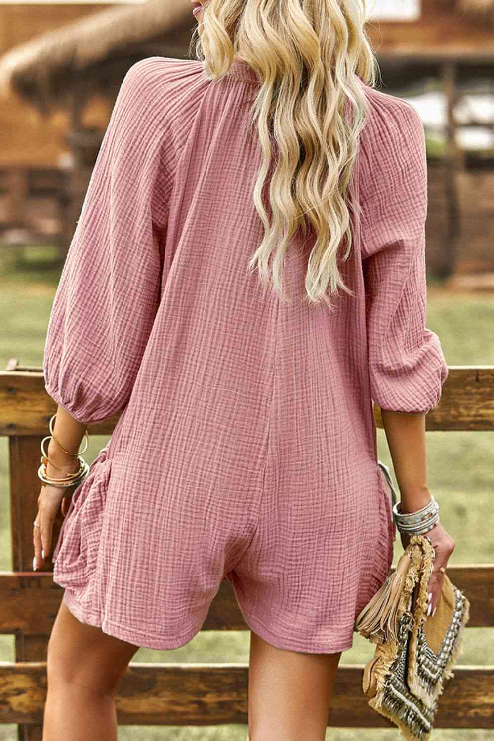 Textured Notched Neck Romper with Pockets