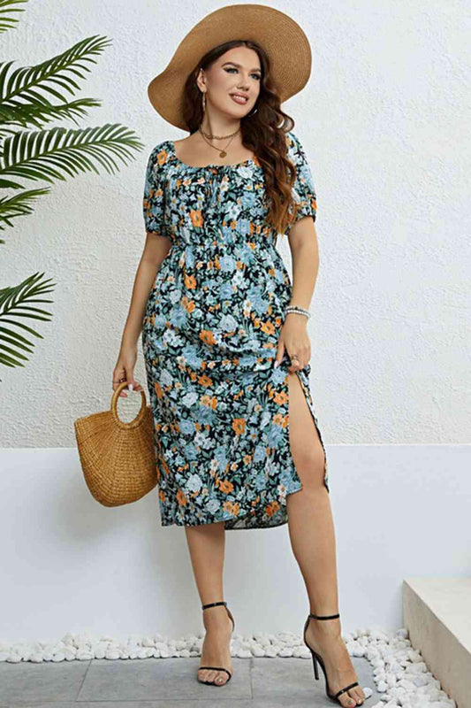 Plus Size Floral Short Sleeve Slit Dress