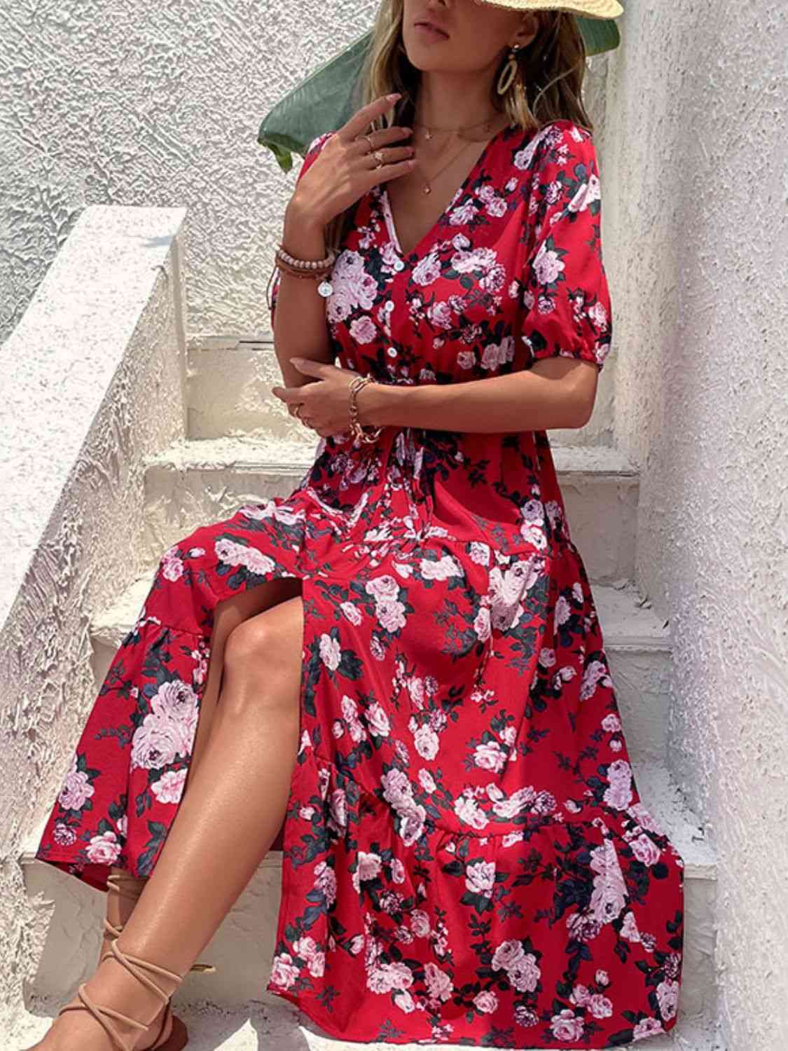 Floral Split Tie-Waist Dress