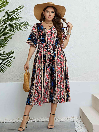 Vestido midi con cinturón y escote en V bohemio de talla grande