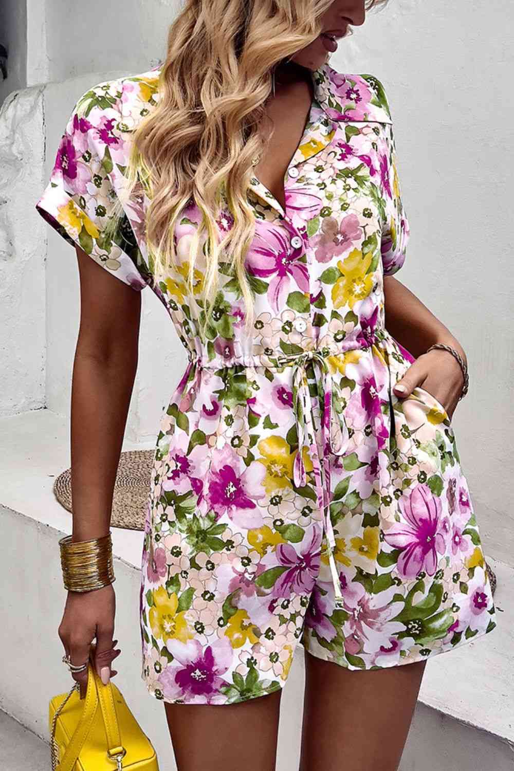 Floral Drawstring Lapel Collar Romper with Pockets