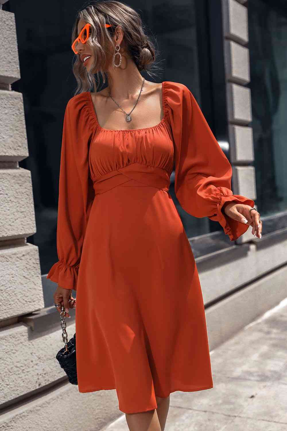 Square Neck Flounce Sleeve Midi Dress