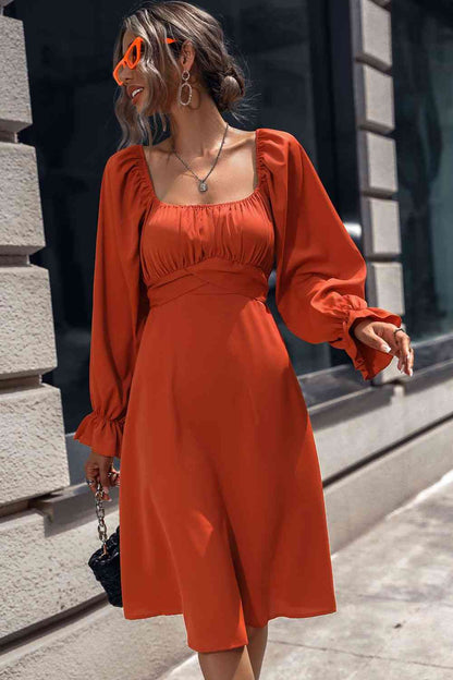 Square Neck Flounce Sleeve Midi Dress