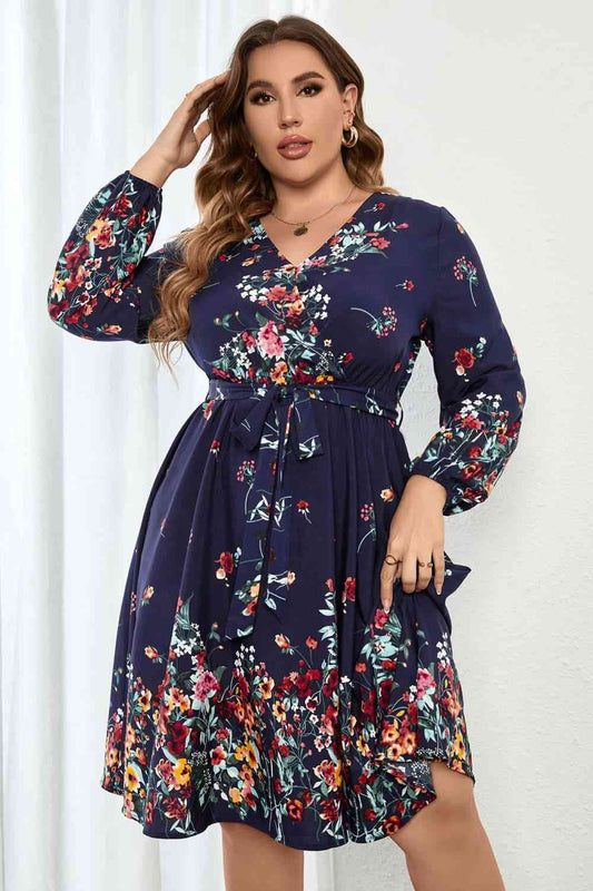 Melo Apparel Robe florale à manches longues et taille nouée de grande taille