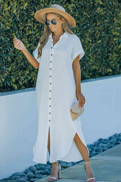 Textured Button Down Slit Shirt Dress