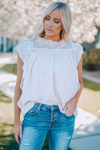 Swiss Dot Ruffled Frill Neck Blouse