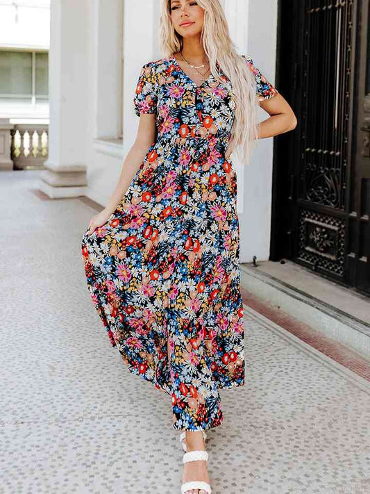 Printed V-Neck Short Sleeve Maxi Dress