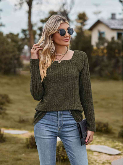 Full Size Ribbed Square Neck Long Sleeve T-Shirt