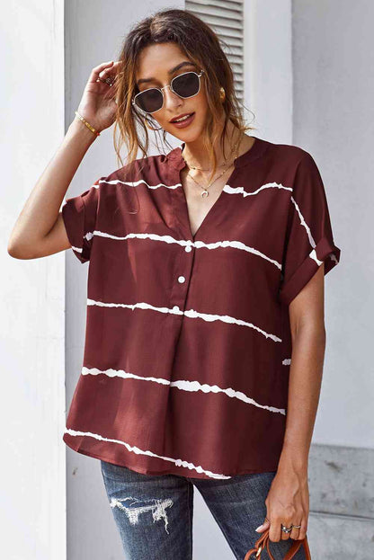 Striped Notched Neck Cuff Sleeve Top