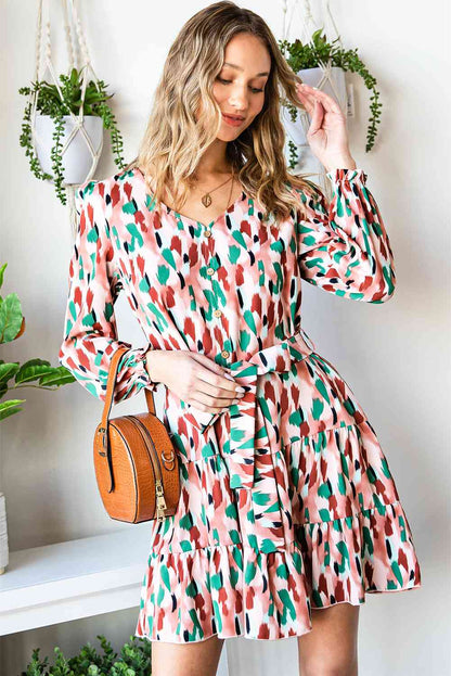 Printed V-Neck Long Sleeve Tiered Dress