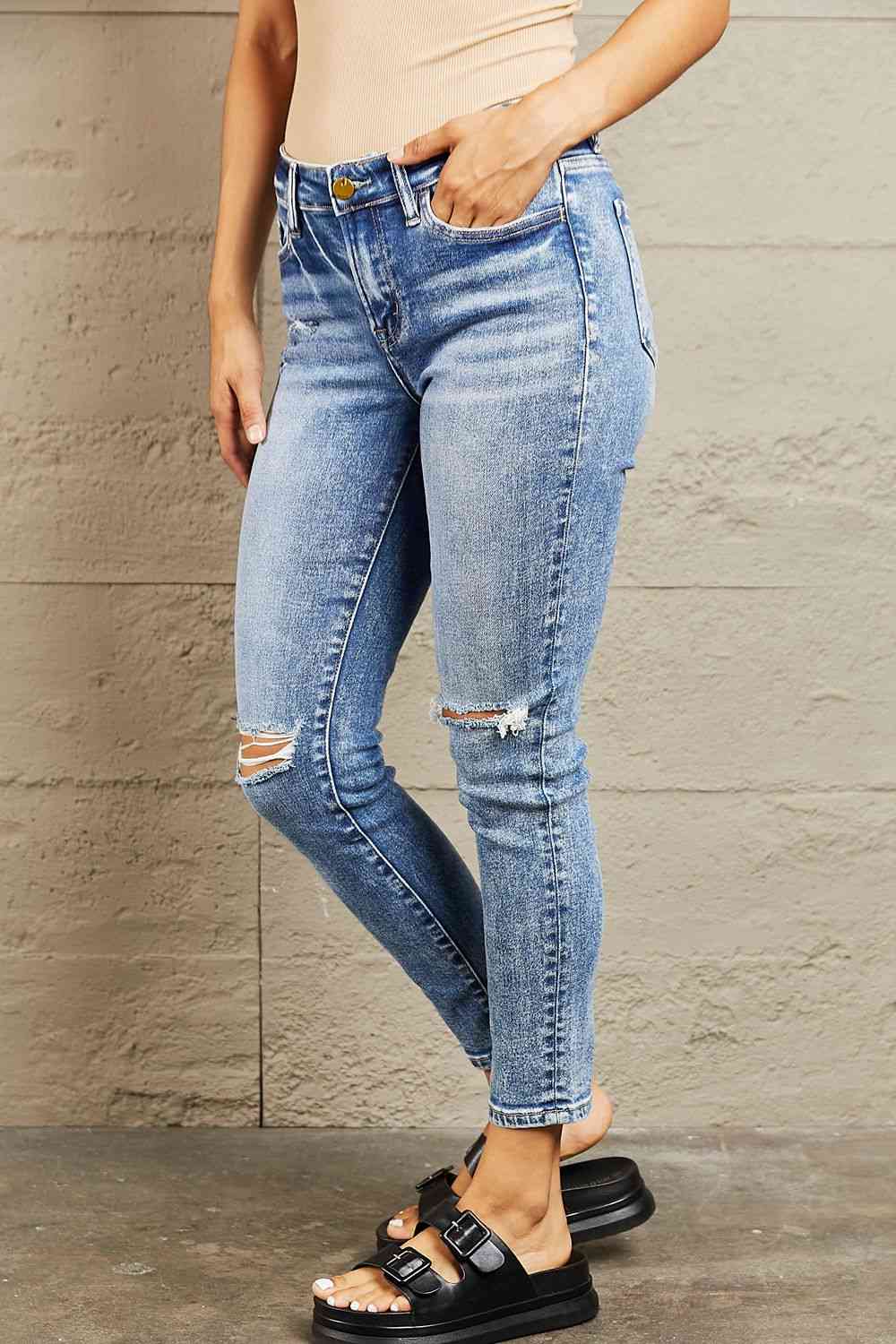 BAYEAS Jean skinny taille mi-haute effet vieilli