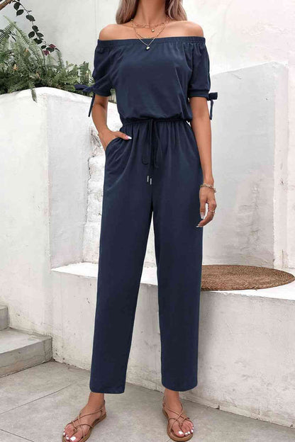 Off-Shoulder Tie Cuff Jumpsuit with Pockets