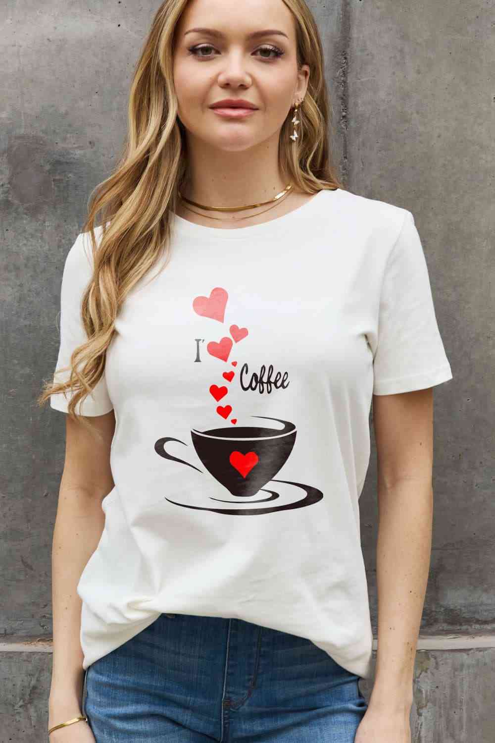 Camiseta de algodón con estampado I LOVE COFFEE de tamaño completo de Simply Love