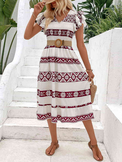 Printed V-Neck Smocked Flutter Sleeve Dress