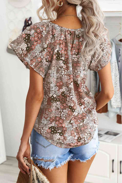 Floral Flutter Sleeve Tie-Neck Blouse